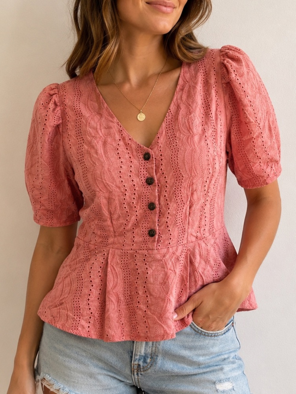 Vintage Pink Eyelet Peplum Puff Sleeve Button Front Crop Blouse Top XS